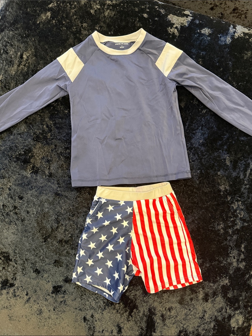 Janie and Jack Navy and Grey Long-Sleeve Swim Top & Stars & Stripes Swim Shorts